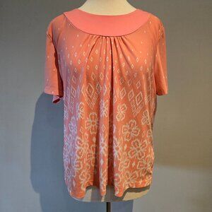Tradition Coral Pink Floral Top | Diamond Print Short Sleeve | XL 18